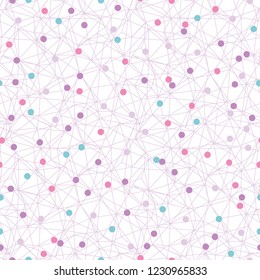 Colorful dots network texture seamless pattern. Great for technology inspired wallpaper, backgrounds, invitations, packaging design projects. Surface pattern design.