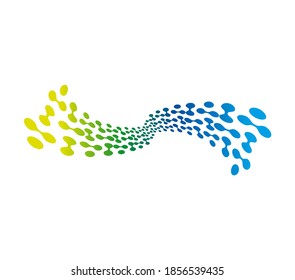 Colorful dots and pairs of connected dots arranged in the shape of a scarf waving in the wind