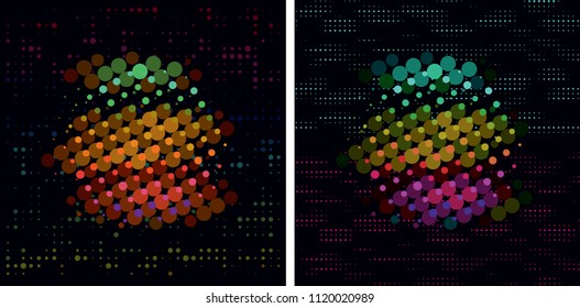 Colorful dots particles, color halftone effect on black background, promo flyer, booklet cover or card design. Vector