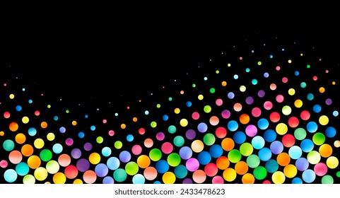 Colorful dots shimmer against a black backdrop, creating a starry night effect with a spectrum of hues in a diagonal composition.