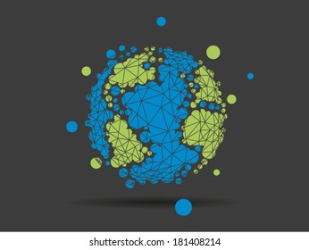 Colorful dotted geometric triangular polygonal earth globe sphere business graphic isolated on dark black background