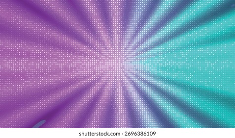Colorful dotted halftone background with light rays in pink, blue and purple gradient
