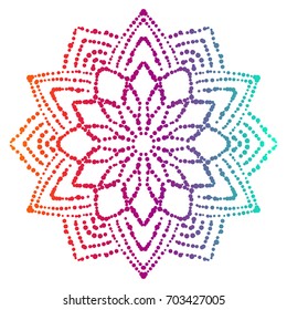 Colorful dotted mandala. Gradient floral decorative element. Ornamental round doodle flower isolated on white background. Geometric circle element. Vector illustration.