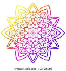 Colorful dotted mandala. Gradient floral decorative element. Ornamental round doodle flower isolated on white background. Geometric circle element. Vector illustration.