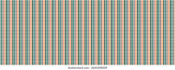 A colorful dotted pattern featuring small, evenly spaced circles arranged in vertical stripes. The palette includes muted reds, blues, greens, and creams, giving it a retro, textile like feel.