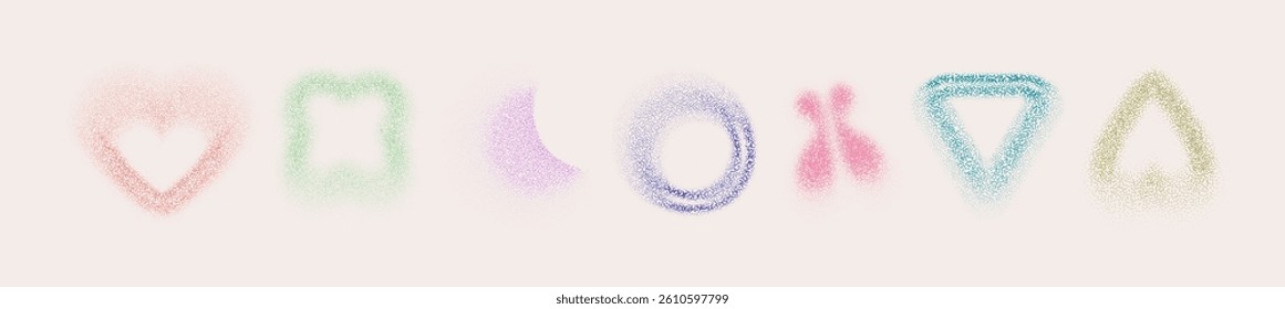 Colorful dotted shape icon set for y2k aesthetic design - heart and moon crescent, circle and triangle, butterfly and simple geometric form with scattered particles. Textured graphic symbol collection