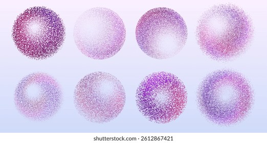 Colorful dotted spheres set - pink and purple particles arranged in circle shapes. Detailed grainy texture, smooth gradients. Stipple shading dotwork technique with realistic 3D lighting effect.