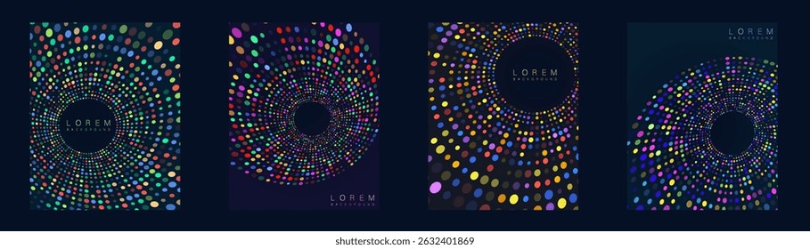 Colorful dotted spiral in abstract radial formation on dark background. Vector mockup for digital covers, technology banners, scientific posters or vibrant data visualizations.