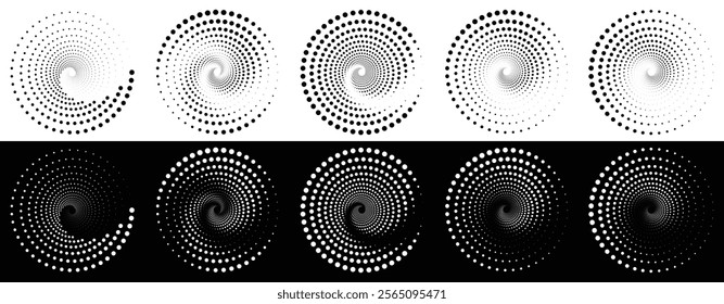 Colorful Dotted Spiral Vortex artwork 2.eps vortex. Black and white dotted spiral vortex on a white and black background. Swirl pattern dots vector illustration.