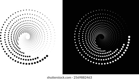 Colorful Dotted Spiral Vortex artwork. Halftone dots in circle form.  Black and white dotted spiral vortex on a white and black background. Spiral logo icon.