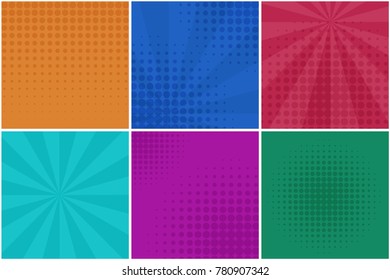 Colorful dotted and striped backgrounds for retro comic speech bubbles in pop art style. Green, blue, red, purple and orange places for comics book, advertisement text, web design, badge, banner