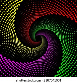 Colorful dotted swirl pattern background. Vector wallpaper of red, yellow, green, and pink dots spiral vortex.