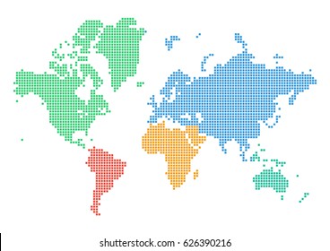 Colorful dotted world map of continents isolated