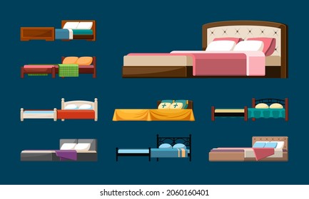 Colorful double beds set. Vintage bedding modern wood and metal materials for comfortable sleep renaissance decor with decoration pillows and elegant duvets. Comfort cartoon vector.