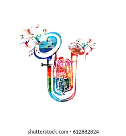 Colorful double bell euphonium with music notes and hummingbirds isolated vector illustration. Music instrument background for poster, brochure, banner, flyer, concert, music festival