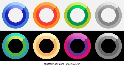 Colorful double gradient rings with overlapping effect on one side. Set of vector illustrations, isolated, on light and black background.
