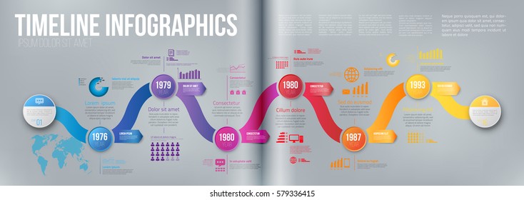 Flechas de línea de tiempo de concepto de negocio de plantilla extendida a4 de doble página coloridas. Diseño de infografía con 6 pasos, historial de flujo de trabajo con diagrama, presentación y gráfico