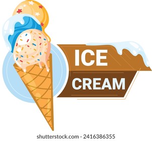 Colorful double scoop ice cream cone with blue and vanilla scoops, sprinkles, melting. Dessert, cold, sweet treat, summer theme vector illustration