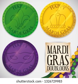 Colorful doubloons decorated with lily flower, crown and mask, necklaces, flag and greeting scroll ready to celebrate Mardi Gras carnival and the traditional object throwing in the parades.