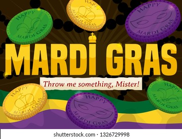 Colorful doubloons and waving flag with greeting message for the traditional throwing in the parades for Mardi Gras carnival.