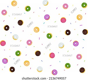 Colorful doughnuts pattern with lettering, seamless pattern on white background for design, wallpaper, textile, coffeeshop, and various purpose. Cute illustration of various doughnuts flavour. 