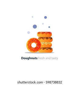 Colorful doughnuts in pile, sweet tasty ring donuts icon, glazed doghnuts with sprinkles, vector flat design illustration