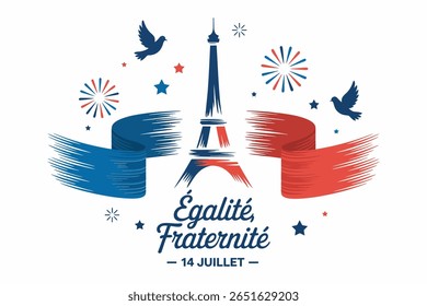 Colorful doves and ribbon wrapped around Eiffel Tower with unity quote for Bastille Day July 14 sticker