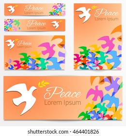 Colorful doves silhouettes. White dove, olive branch. Symbol of peace. Logo, poster, banners template. Vector illustration.