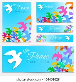 Colorful doves silhouettes. White dove, olive branch. Symbol of peace. Logo, poster, banners template. Vector illustration.