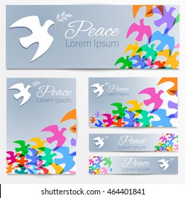 Colorful doves silhouettes. White dove, olive branch. Symbol of peace. Logo, poster, banners template. Vector illustration.