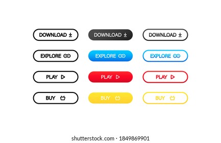 Colorful download, explore, play and buy buttons for websites. Vector on isolated white background. EPS 10