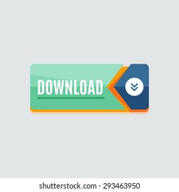 Colorido botón web de descarga con flecha. Diseño plano moderno, gráfico de papel, icono del sitio web y elemento de diseño