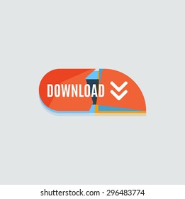 Farbige Download-Web-Schaltfläche mit Pfeil. Modernes Flachdesign, Papiergrafik, Website-Icon und Design-Element