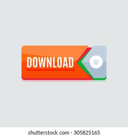 Colorido botón web de descarga con flecha. Diseño plano moderno, gráfico de papel, icono del sitio web y elemento de diseño
