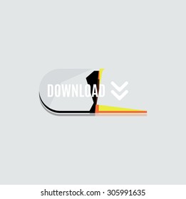 Colorido botón web de descarga con flecha. Diseño plano moderno, gráfico de papel, icono del sitio web y elemento de diseño