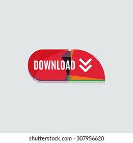 Colorido botón web de descarga con flecha. Diseño plano moderno, gráfico de papel, icono del sitio web y elemento de diseño