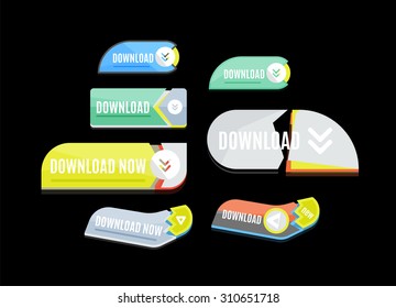 Colorido botón web de descarga con flecha. Diseño plano moderno, gráfico de papel, icono del sitio web y elemento de diseño