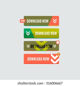 Colorido botón web de descarga con flecha. Diseño plano moderno, gráfico de papel, icono del sitio web y elemento de diseño