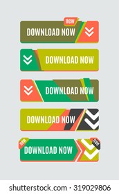 Colorido botón web de descarga con flecha. Diseño plano moderno, gráfico de papel, icono del sitio web y elemento de diseño