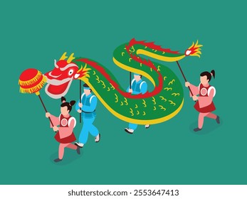 Colorful Dragon Dance in Traditional Festival Attire 3d isometric vector illustration