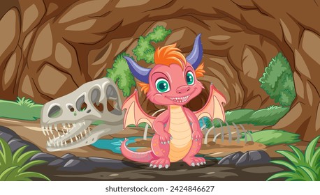 Colorful dragon with dinosaur bones in background