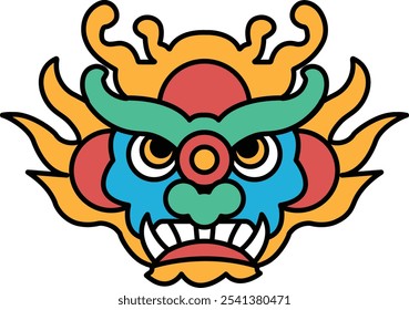 A colorful dragon face with red, blue, and green colors. The dragon has a menacing look on its face