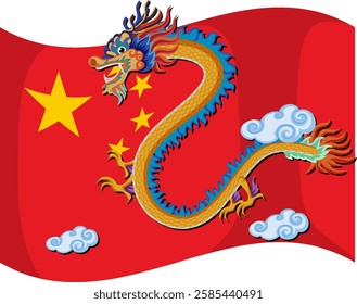 Colorful dragon flying over Chinese flag and clouds