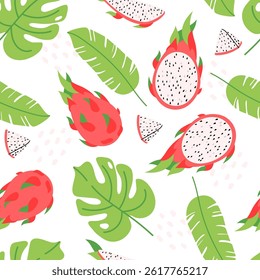 Colorful dragon fruit, pitahaya seamless pattern with slices, popsicles, cubes, and fun shapes for summer designs, stickers, prints, social media, party invitations. Summer fruit collection