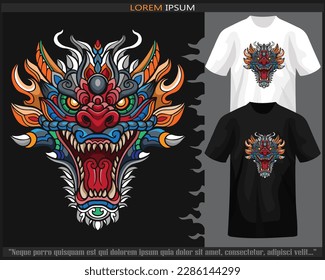 Colorful dragon head mandala arts isolated on black and white t shirt.