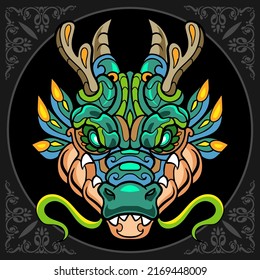 Colorful Dragon head zentangle arts, isolated on black background