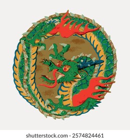 Colorful dragon illustration with vibrant colors. The dragon features green, red, and blue hues. The dragon's intricate design highlights its vibrant colors. Vintage art, isolated vector element.