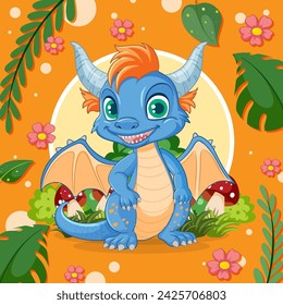 Colorful dragon illustration with vibrant floral background