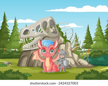 Colorful dragon and knight by dinosaur skeleton.