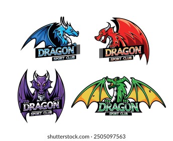 Colorful Dragon Logos For Sport Club Branding And Gaming Team Identity. Cartoon Vector Emblems And Badges